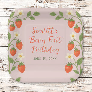 Berry First Birthday Cute Strawberry Floral Pink Paper Plates