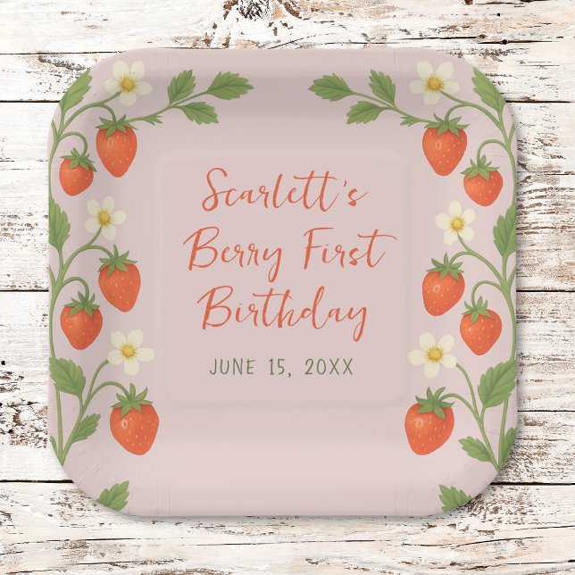 Berry First Birthday Cute Strawberry Floral Pink Paper Plates (Creator Uploaded)