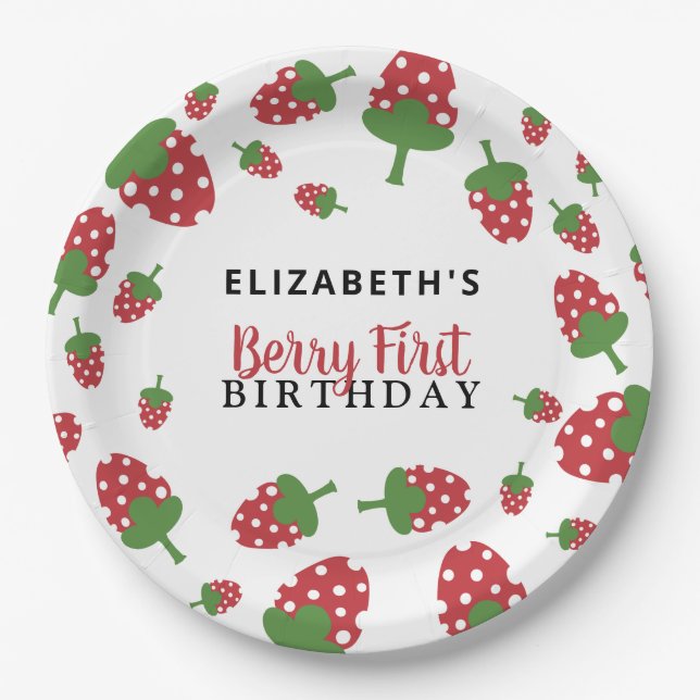 Berry First Birthday Cute Strawberry Girl Custom Paper Plates (Front)