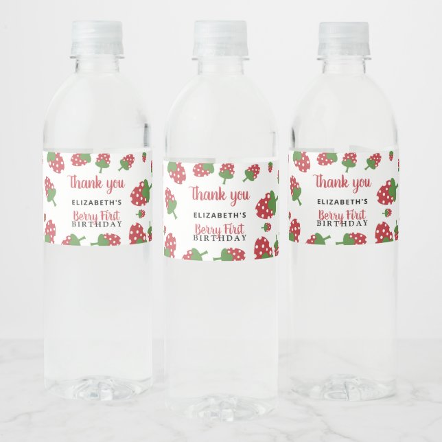 Berry First Birthday Cute Strawberry Girl Cute Water Bottle Label (Bottles)