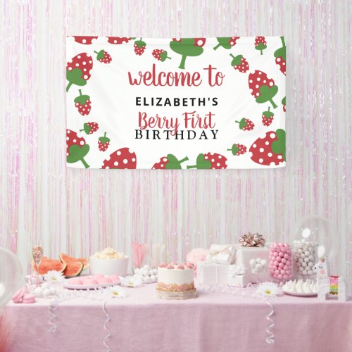 Berry First Birthday Cute Strawberry Girl Red  Banner