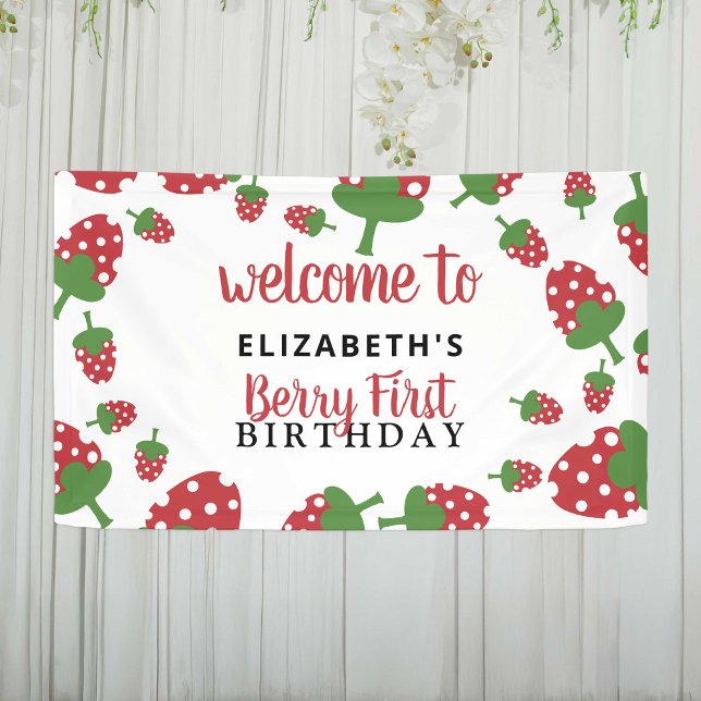 Berry First Birthday Cute Strawberry Girl Red  Banner (Creator Uploaded)