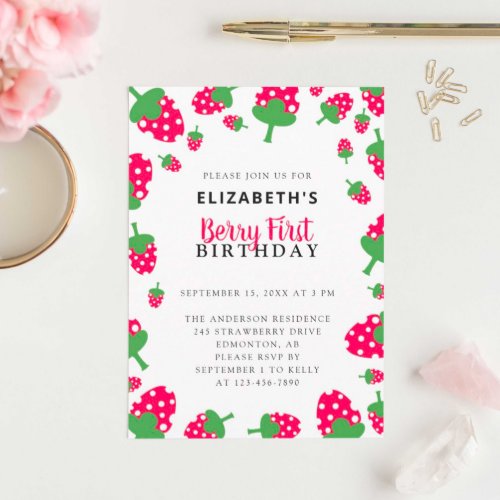 Berry First Birthday Cute Strawberry Kawaii Girl Invitation