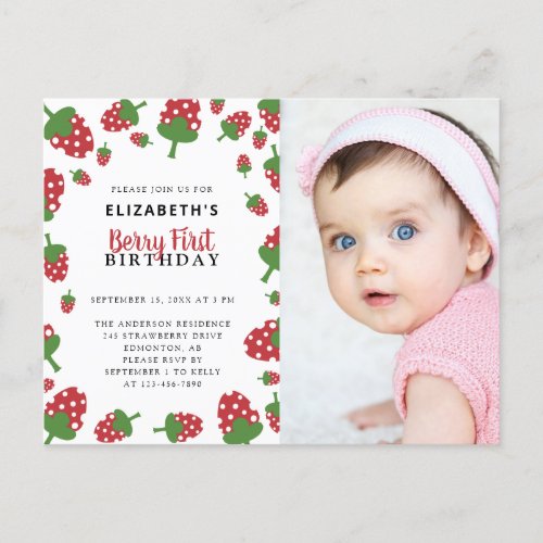 Berry First Birthday Cute Strawberry Photo Invitat Postcard