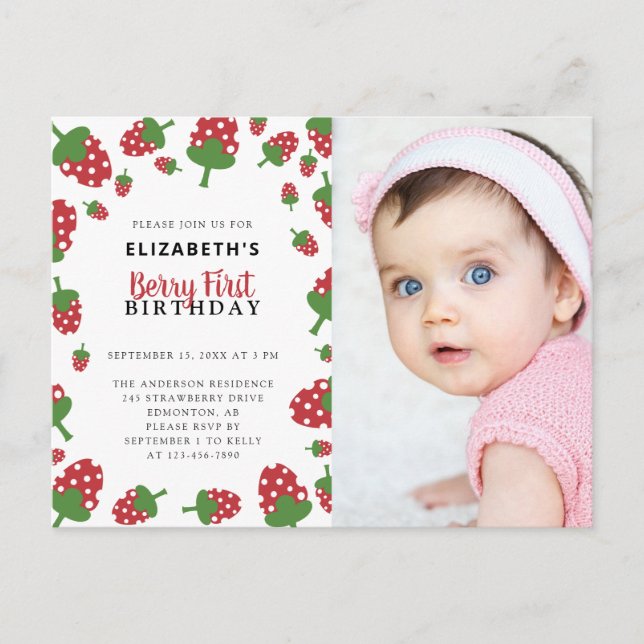 Berry First Birthday Cute Strawberry Photo Invitat Postcard (Front)
