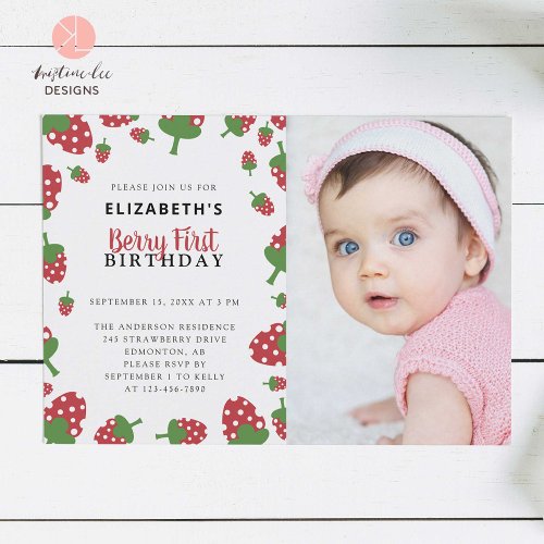 Berry First Birthday Cute Strawberry Photo Invitation