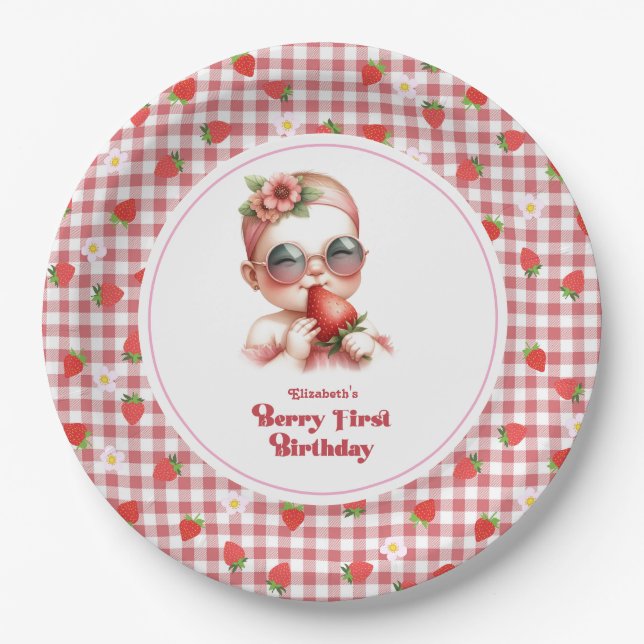 Berry First Birthday Gingham Paper Plates (Front)