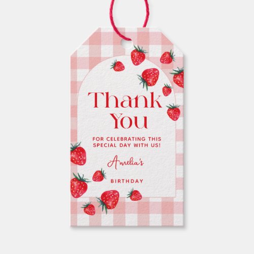  Berry First Birthday Gingham Strawberry Thank You Gift Tags