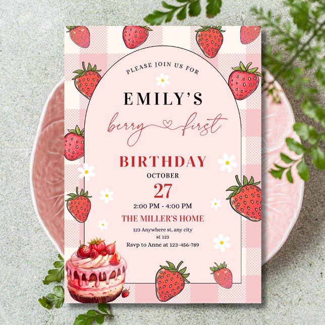 Berry First Birthday Girl 1st Birthday Strawberry  Invitation (Creator Uploaded)
