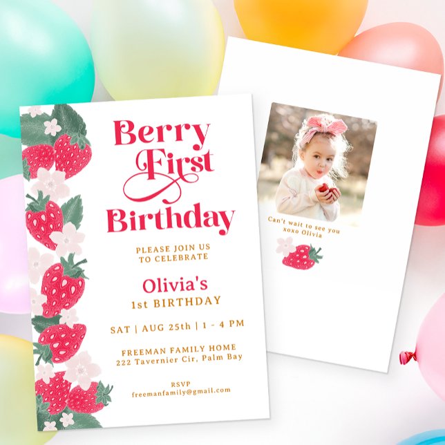 Berry First Birthday Girl Strawberry Party Invitation (Berry First Birthday Party Invitation)