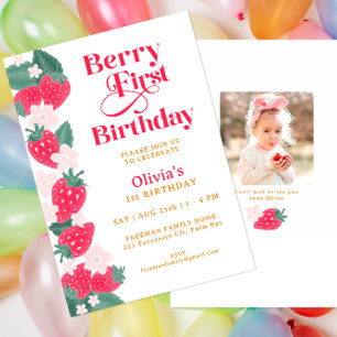 Berry First Birthday Girl Strawberry Party Invitation
