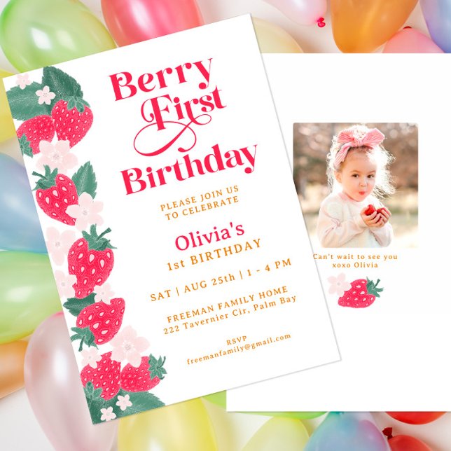 Berry First Birthday Girl Strawberry Party Invitation (Creator Uploaded)