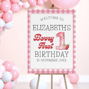 "Berry First Birthday Girl with Strawberry Theme Foam Board