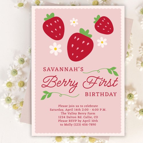 Berry First Birthday Girls Pink Strawberry Daisy Invitation