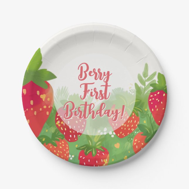 Berry First Birthday Girls Strawberry 1st Paper Plates (Front)