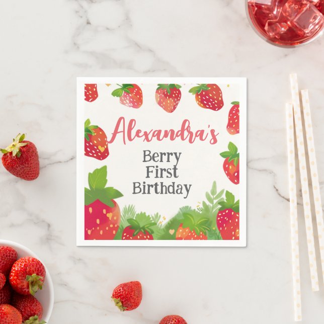 Berry First Birthday Girls Strawberry Personalized Napkins (Insitu)
