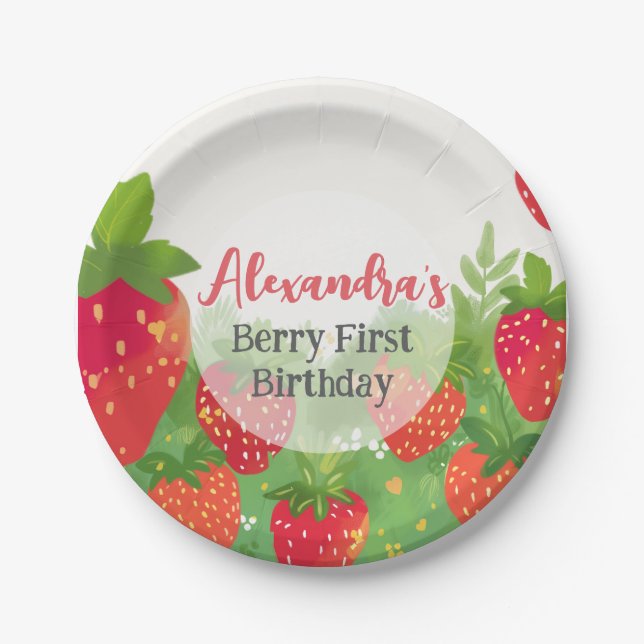 Berry First Birthday Girls Strawberry Personalized Paper Plates (Front)