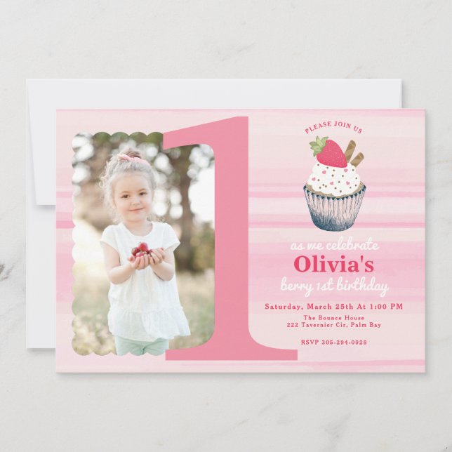 Berry First Birthday Invitation – Pink Strawberry  (Front)