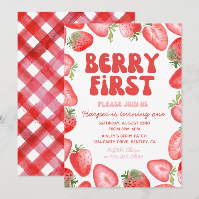 Berry First Birthday Invitation | Retro Strawberry (Front/Back)