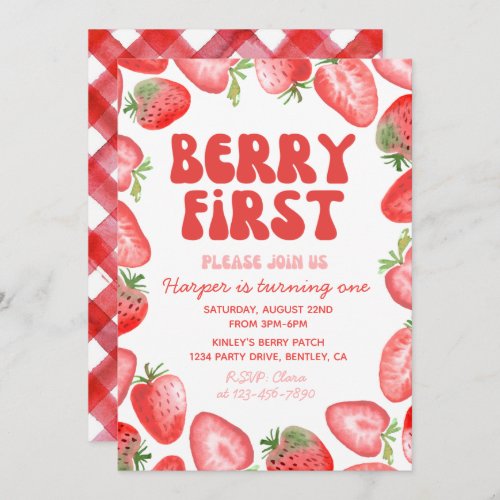 Berry First Birthday Invitation  Retro Strawberry