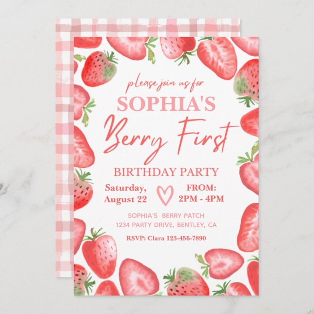 Berry First Birthday Invitation | Strawberry (Front/Back)