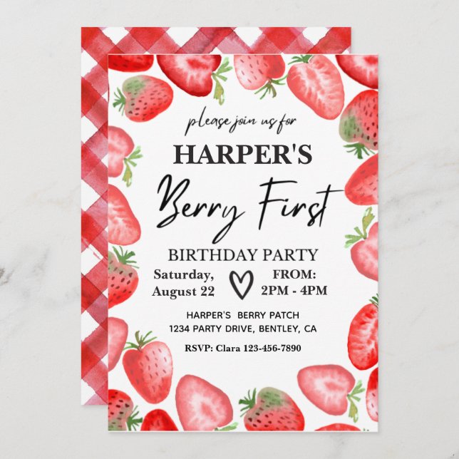 Berry First Birthday Invitation | Strawberry (Front/Back)