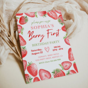 Berry First Birthday Invitation   Strawberry
