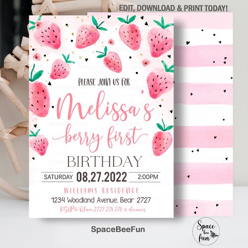 Berry First Birthday Invitation Strawberry Birthda