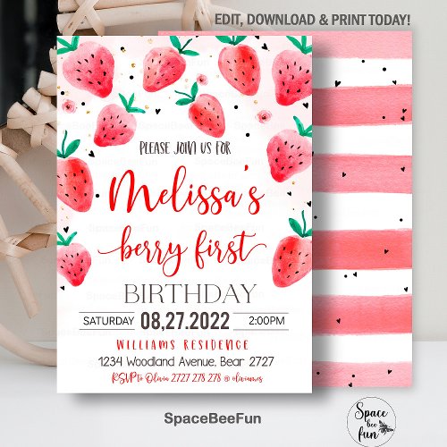 Berry First Birthday Invitation Strawberry Birthda