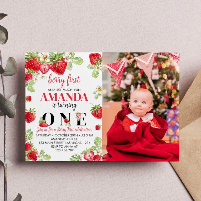 Berry First Birthday Invitation Strawberry Theme (Creator Uploaded)