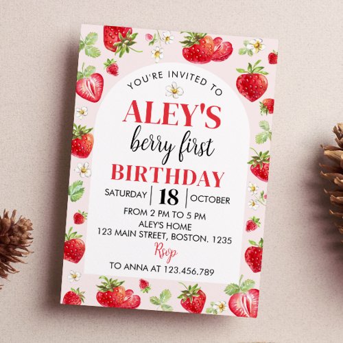 Berry First Birthday Invitation Strawberry Theme