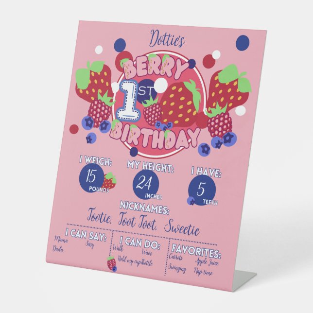 Berry First Birthday Milestone Board Pedestal Sign (Front)