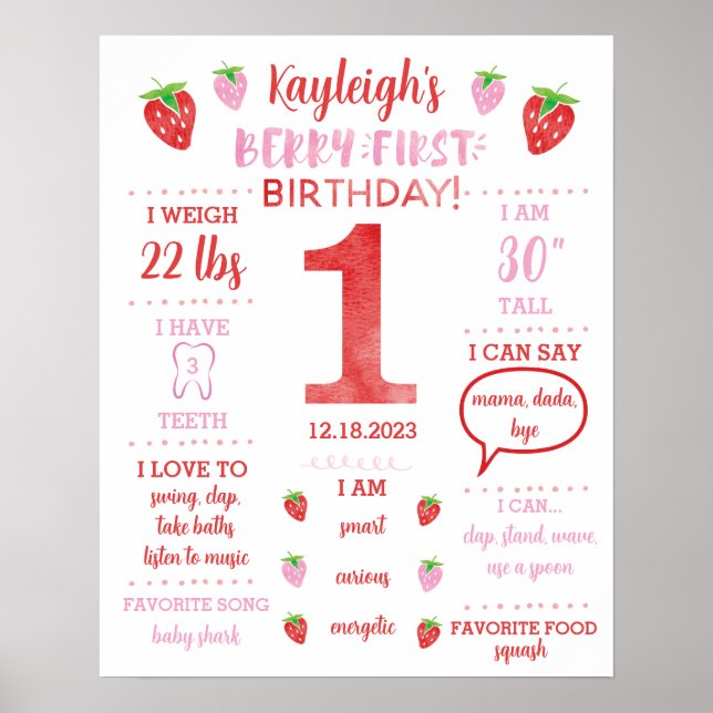 Berry First Birthday Milestone Poster (Front)