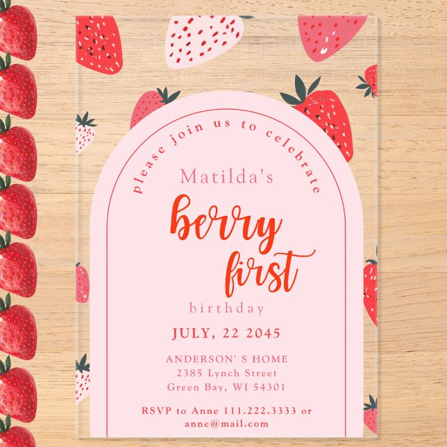 Berry First Birthday Party 1st Strawberry Arch Acrylic Invitations (Creator Uploaded)