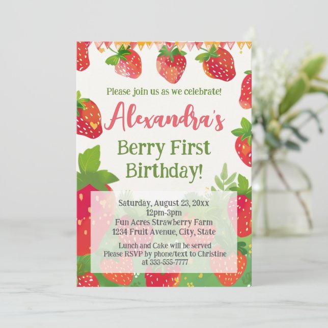 Berry First Birthday Party Girls Strawberry 1st  Invitation (Standing Front)