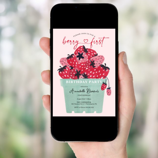 Berry First Birthday Party Invitation Strawberry (Front Digital)