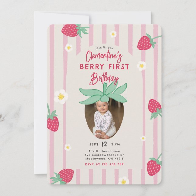 Berry First Birthday Party Invitation with Photo (Front)