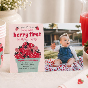 Berry First Birthday Party Photo Strawberry Invitation