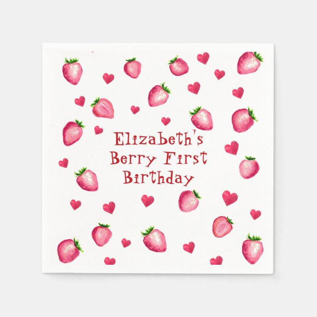 Berry First Birthday Party Strawberry Hearts  Napkins (Front)