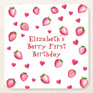 Berry First Birthday Party Strawberry Hearts Square Paper Coaster