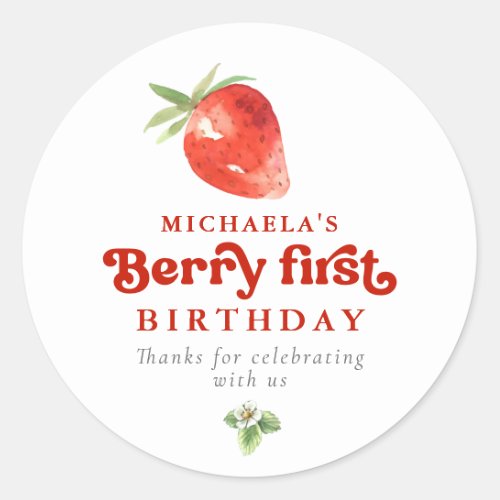 Berry First Birthday Party Strawberry Thank You Classic Round Sticker
