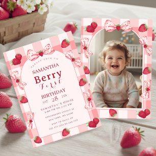 Berry First Birthday Photo Bow Gingham  Invitation