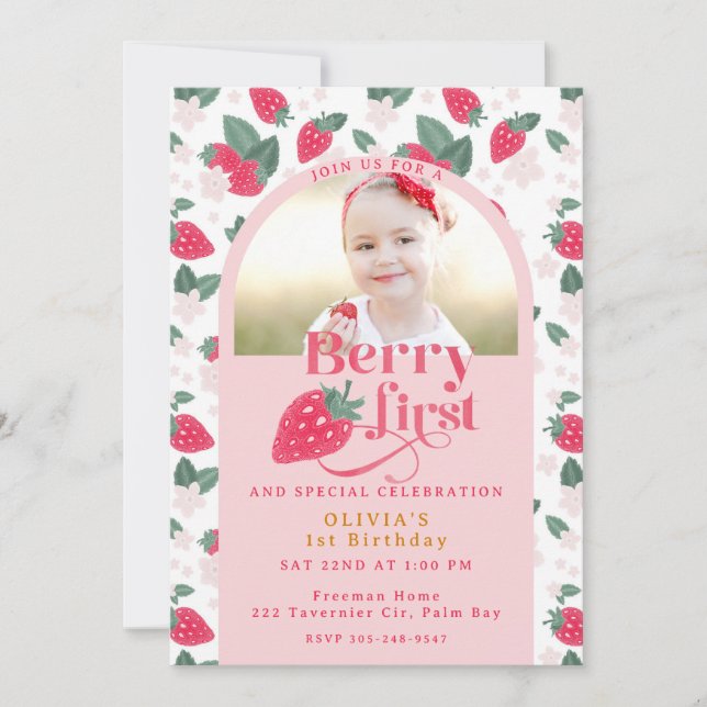 Berry First Birthday Photo Invitation  (Front)