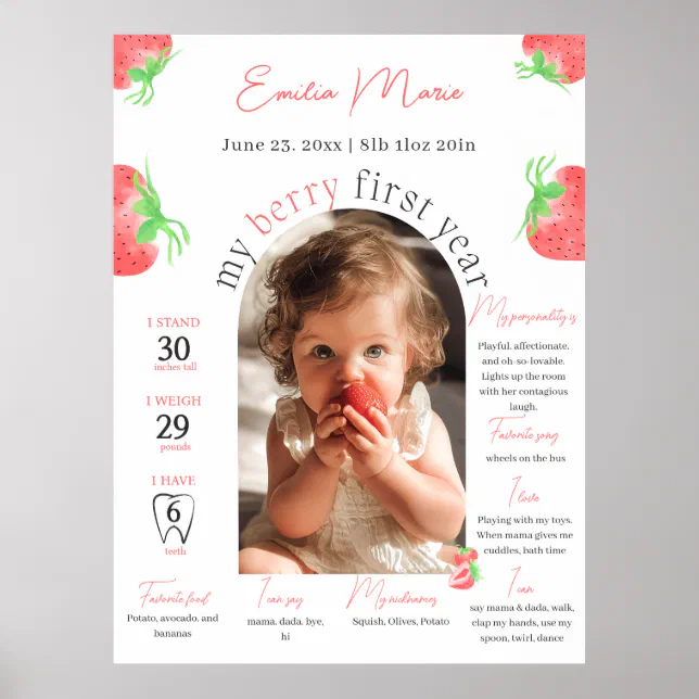 Berry First Birthday Photo Poster Template 1st kid | Zazzle