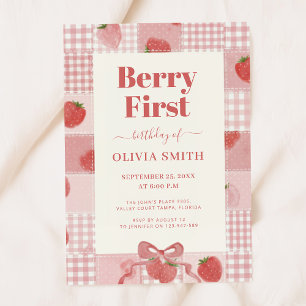 Berry First Birthday Pink Bow 1st Birthday Invitation