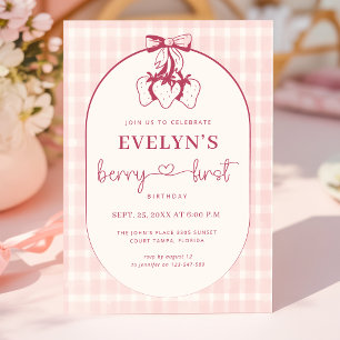 Berry First Birthday Pink Bow 1st Birthday Invitation