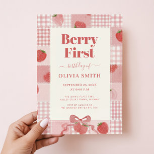 Berry First Birthday Pink Bow Coquette Strawberry Invitation
