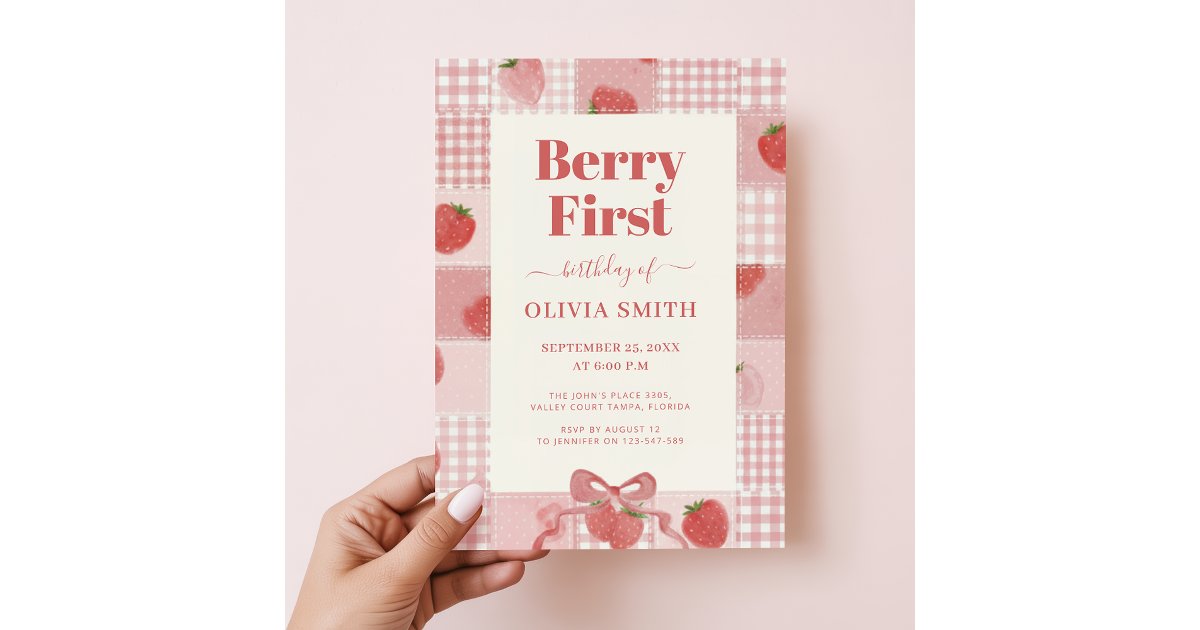 Berry First Birthday Pink Bow Coquette Strawberry Invitation | Zazzle