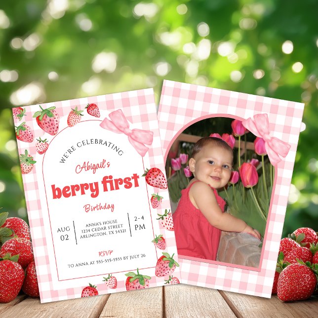 Berry First Birthday Pink Bow Gingham Photo Invitation (Creator Uploaded)