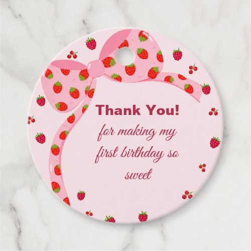 Berry First Birthday Pink Bow Round Favor Tag
